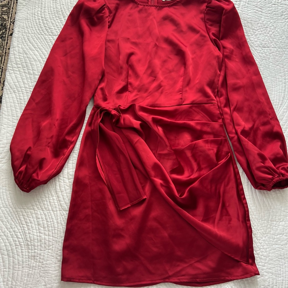 Astr Red Bishop Sleeve Wrap Midi Dress